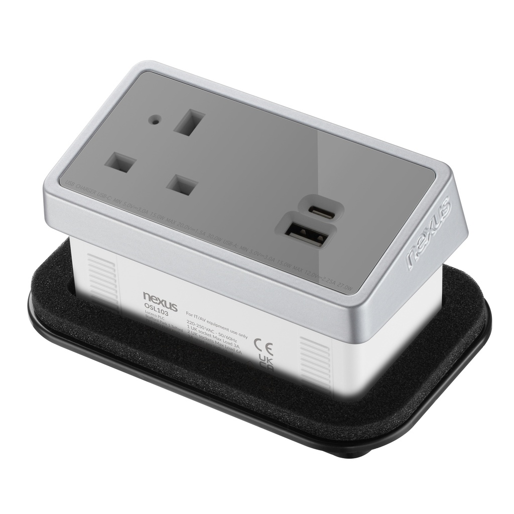 In-Desk Power Module 1X 240V Uk Socket, 30W Usb-C, 27W Usb-A Silver Housing Grey Veneer