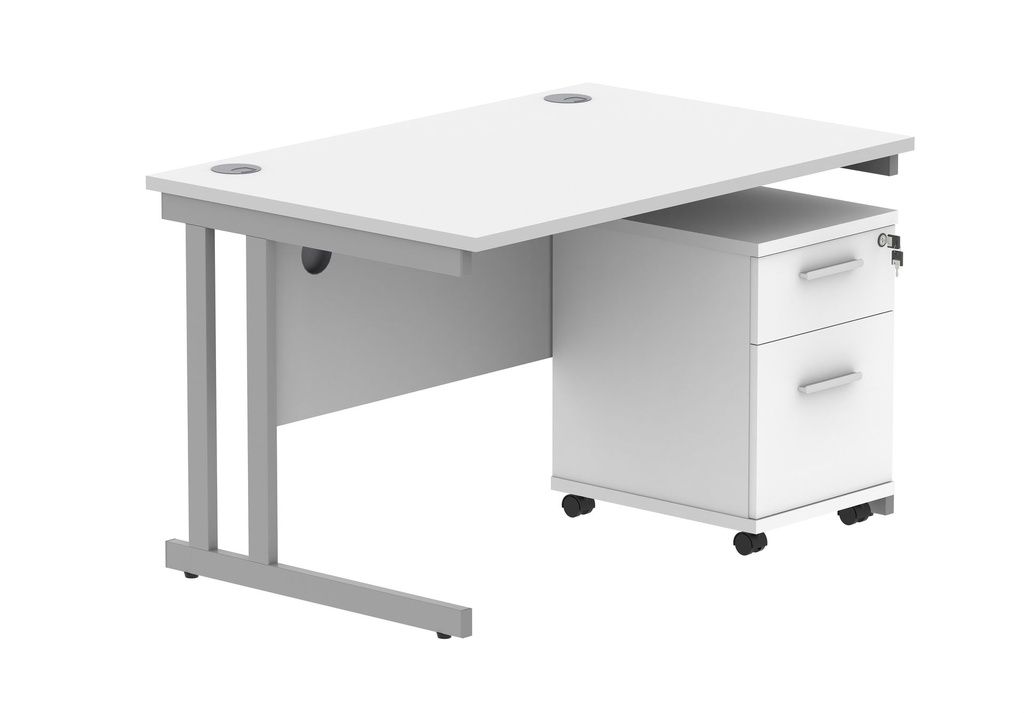 Double Upright Rectangular Desk + 2 Drawer Mobile Under Desk Pedestal (FSC) | 1200X800 | Arctic White/Silver