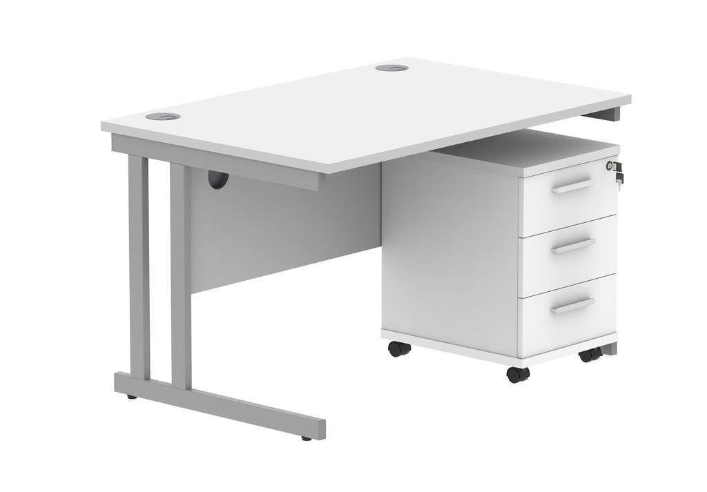 Double Upright Rectangular Desk + 3 Drawer Mobile Under Desk Pedestal (FSC) | 1200X800 | Arctic White/Silver