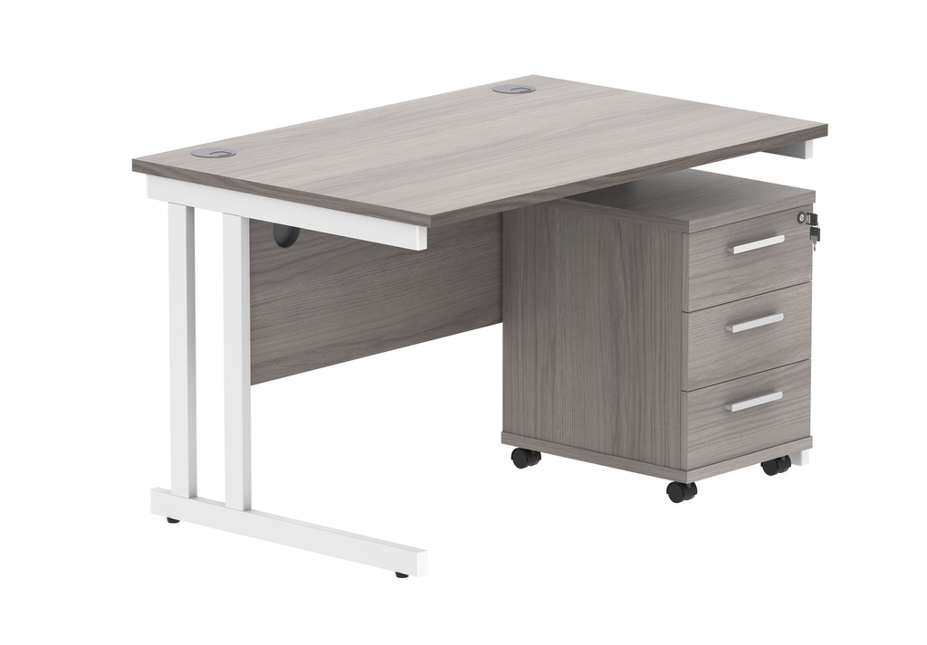 Double Upright Rectangular Desk + 3 Drawer Mobile Under Desk Pedestal (FSC) | 1200X800 | Alaskan Grey Oak/White