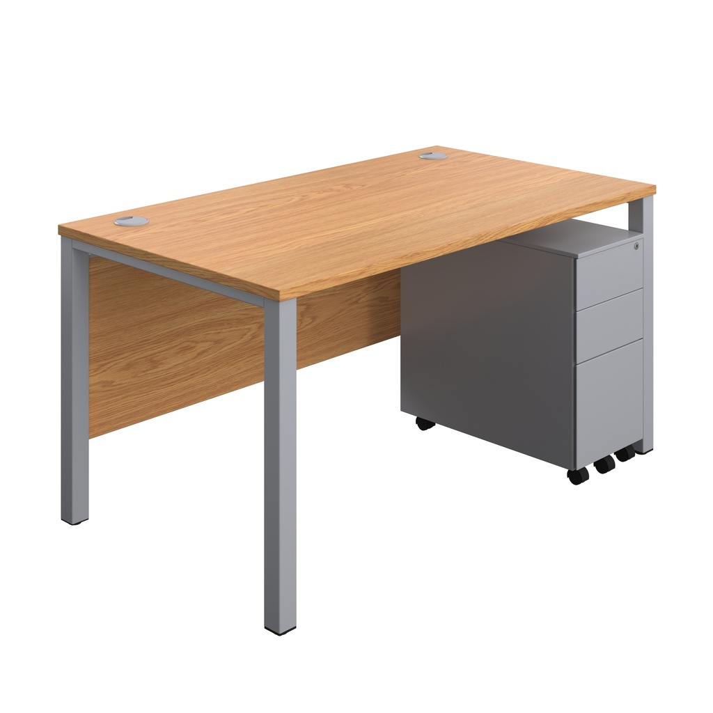 Goal Post Rectangular Desk + 3 Drawer Slimline Steel Pedestal (FSC) | 1400x800 | Nova oak/Silver | 