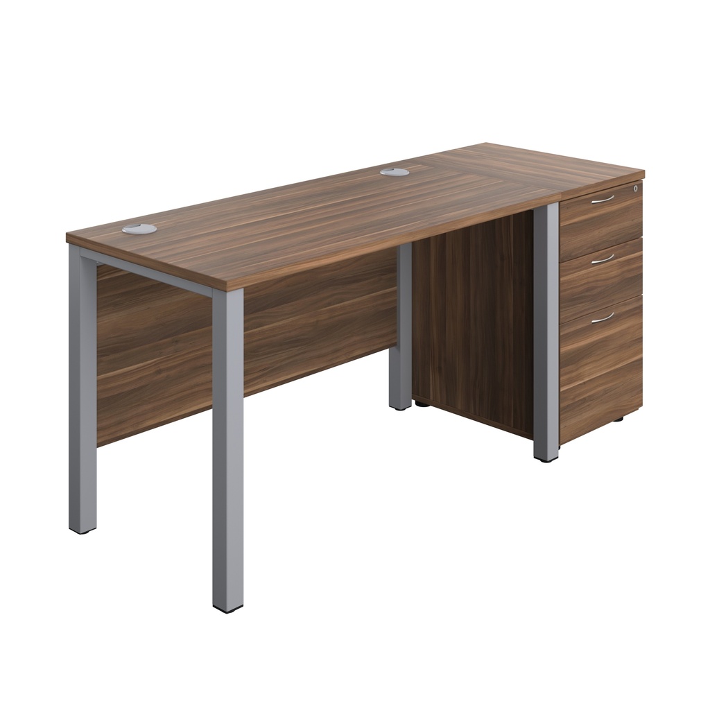 Goal Post Rectangular Desk + 3 Drawer Desk High Pedestal (FSC) | 1200x600 | Dark Walnut/Silver | 