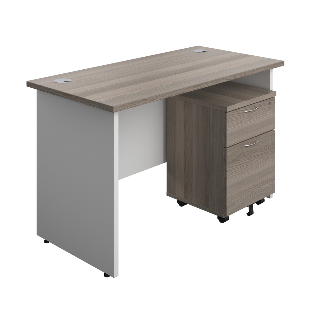 Panel Plus Rectangular Desk + 2 Drawer Mobile Pedestal Bundle (FSC) | 1200X600 | Grey Oak/White | 