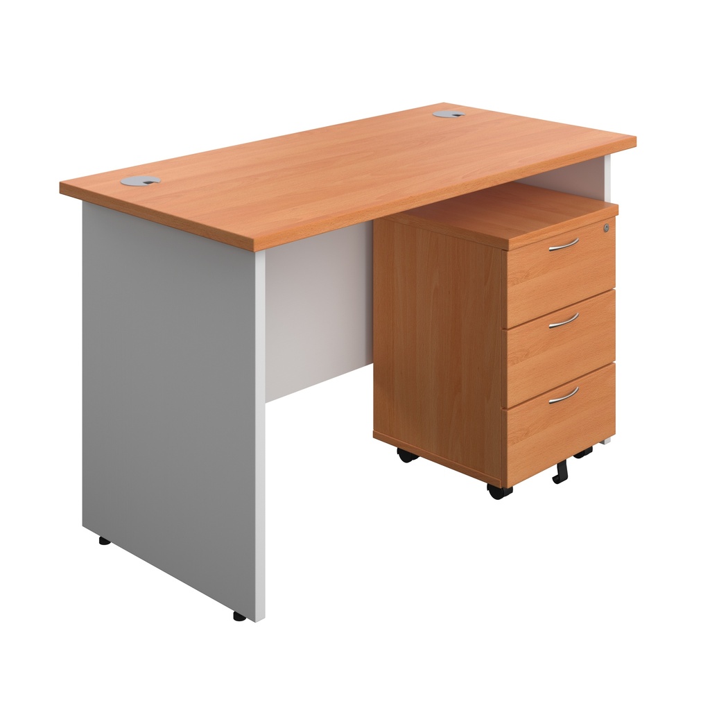 Panel Plus Rectangular Desk + 3 Drawer Mobile Pedestal Bundle (FSC) | 1200X600 | Beech/White | 