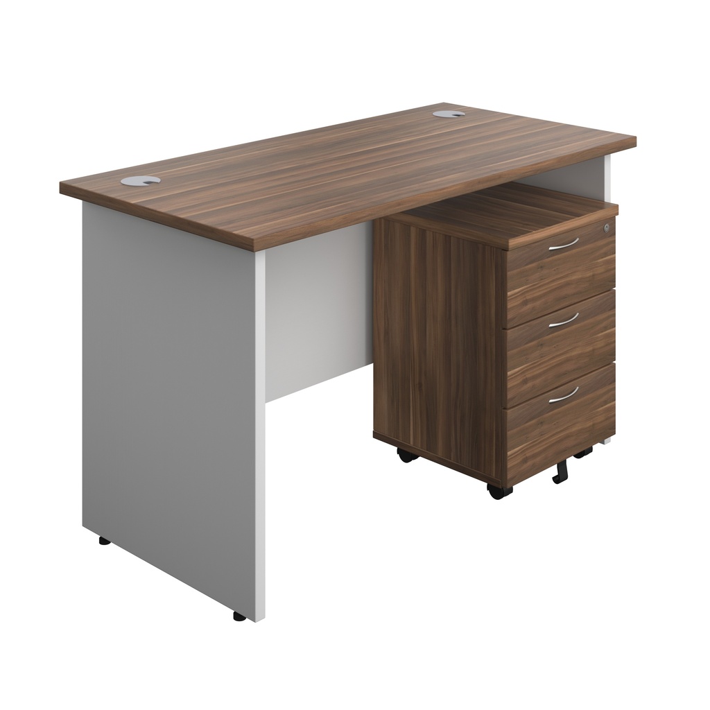 Panel Plus Rectangular Desk + 3 Drawer Mobile Pedestal Bundle (FSC) | 1200X600 | Dark Walnut/White | 
