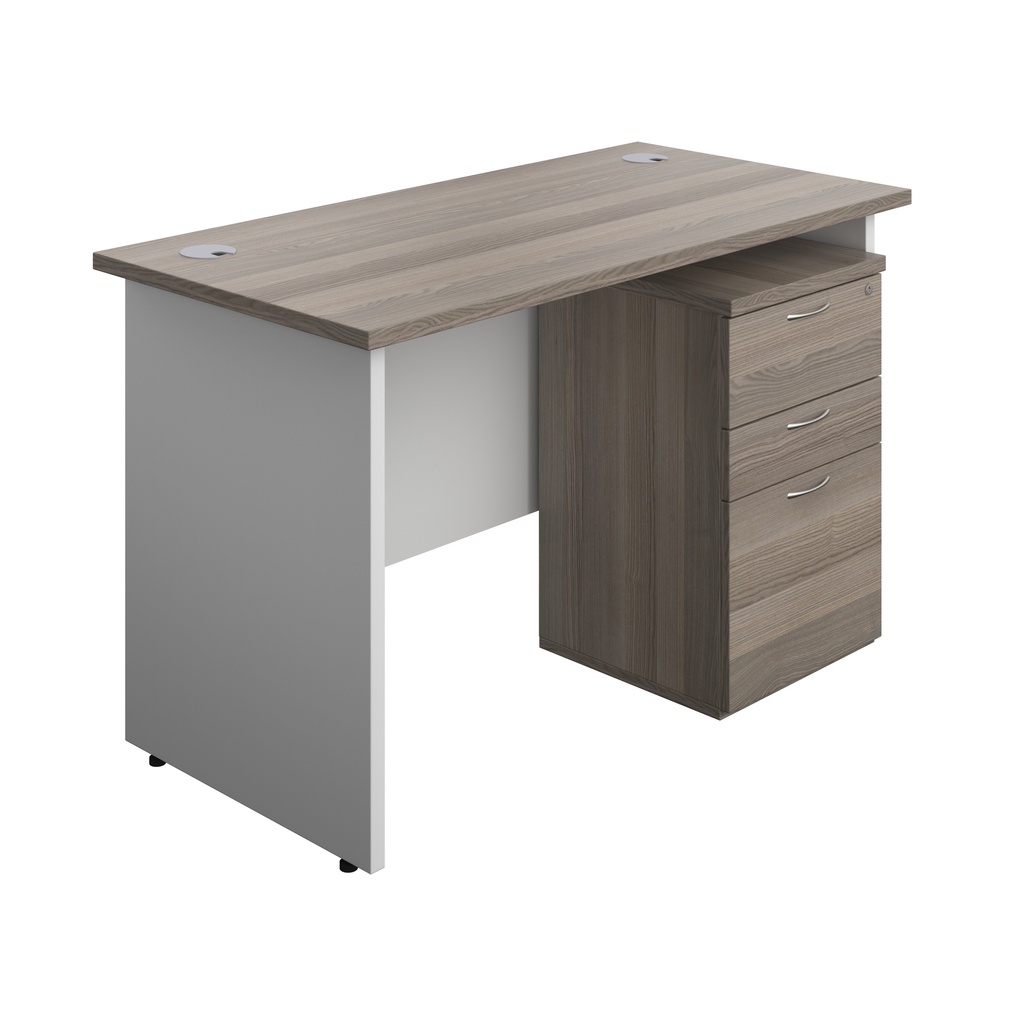 Panel Plus Rectangular Desk + 3 Drawer High Mobile Pedestal Bundle (FSC) | 1200X600 | Grey Oak/White | 