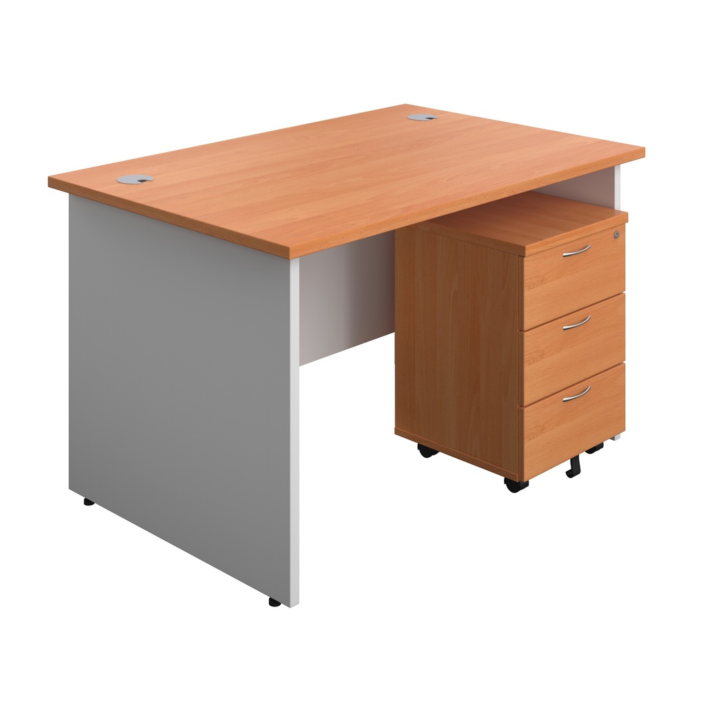 Panel Plus Rectangular Desk + 3 Drawer Mobile Pedestal Bundle (FSC) | 1200X800 | Beech/White | 