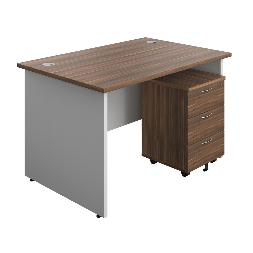 Panel Plus Rectangular Desk + 3 Drawer Mobile Pedestal Bundle (FSC) | 1200X800 | Dark Walnut/White | 