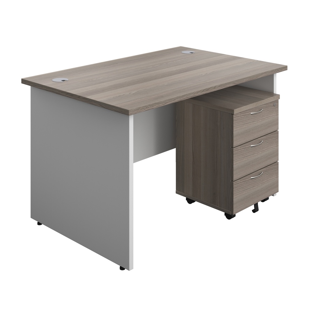 Panel Plus Rectangular Desk + 3 Drawer Mobile Pedestal Bundle (FSC) | 1200X800 | Grey Oak/White | 