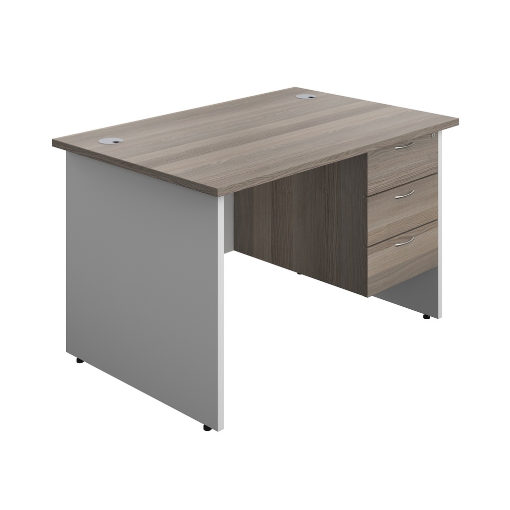 Panel Plus Rectangular Desk + 3 Drawer Fixed Pedestal Bundle (FSC) | 1200X800 | Grey Oak/White | 