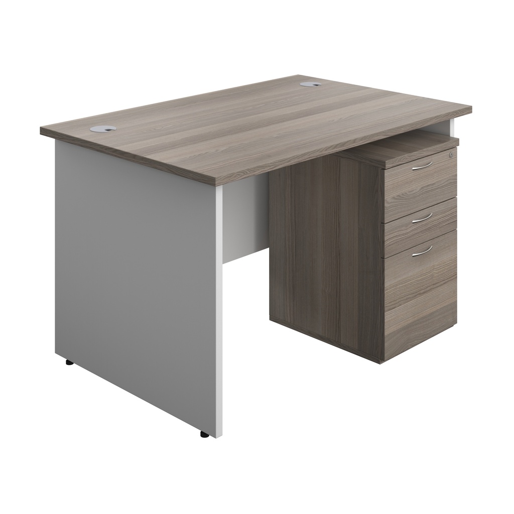 Panel Plus Rectangular Desk + 3 Drawer High Mobile Pedestal Bundle (FSC) | 1200X800 | Grey Oak/White | 