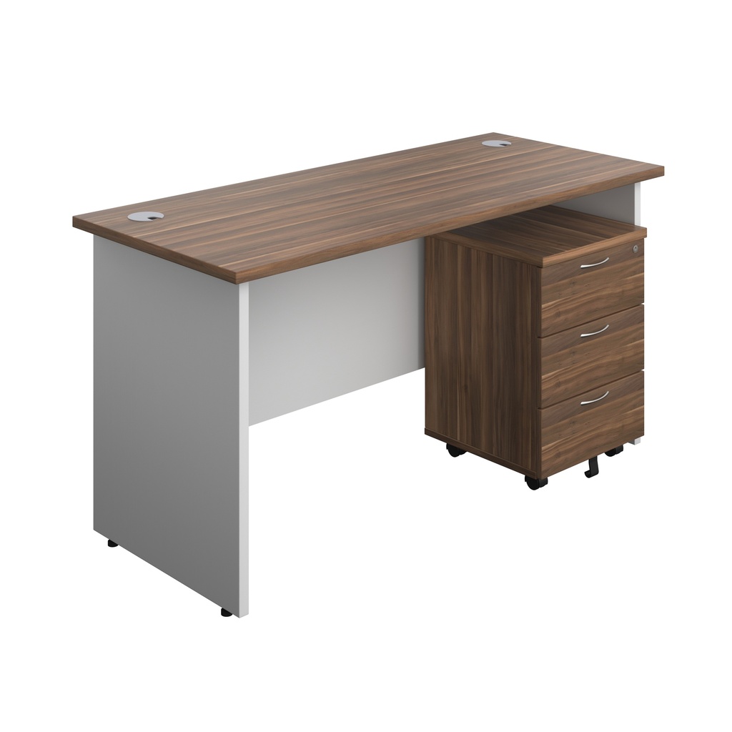 Panel Plus Rectangular Desk + 3 Drawer Mobile Pedestal Bundle (FSC) | 1400X600 | Dark Walnut/White | 