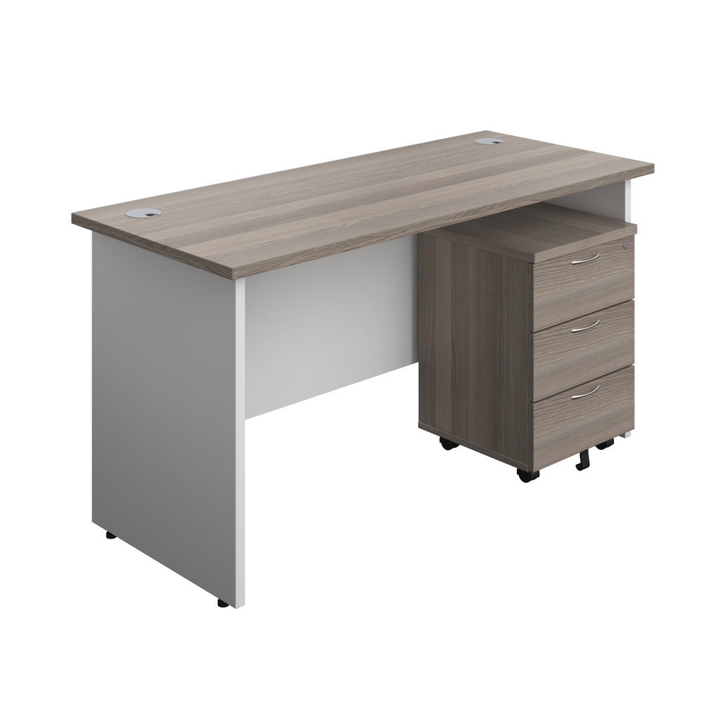Panel Plus Rectangular Desk + 3 Drawer Mobile Pedestal Bundle (FSC) | 1400X600 | Grey Oak/White | 