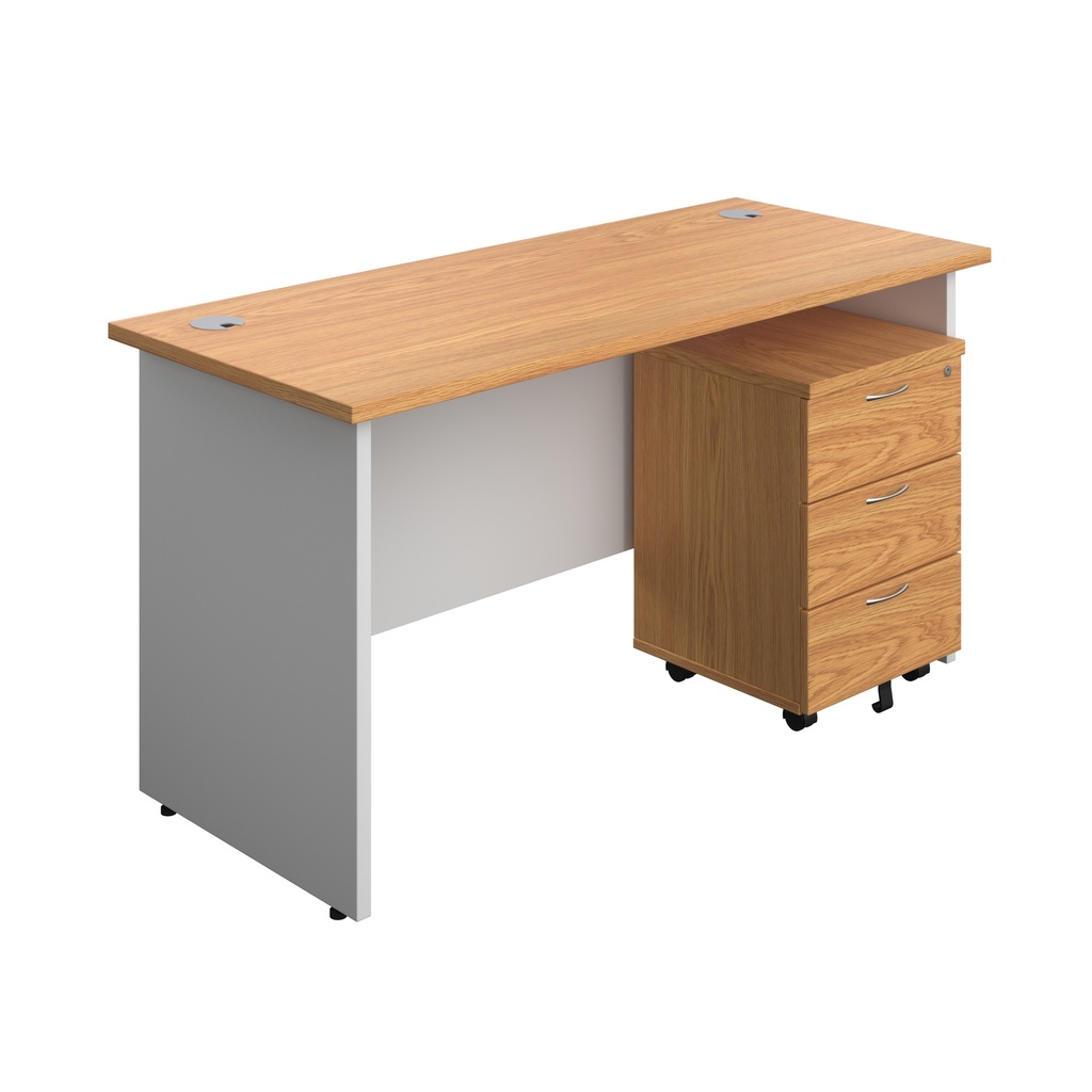Panel Plus Rectangular Desk + 3 Drawer Mobile Pedestal Bundle (FSC) | 1400X600 | Nova Oak/White | 