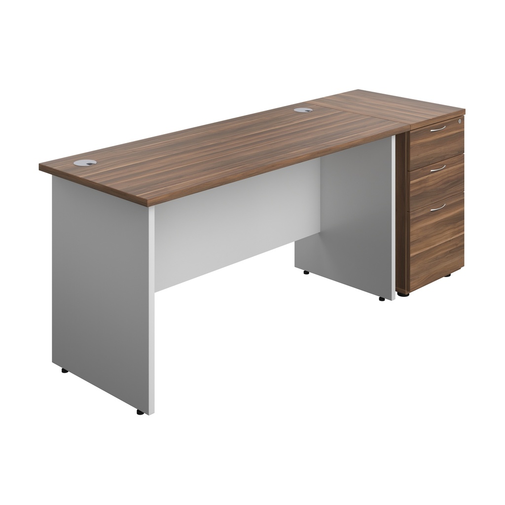 Panel Plus Rectangular Desk + Matching 3 Drawer Desk High Pedestal Bundle (FSC) | 600 Pedestal | 1400X600 | Dark Walnut/White