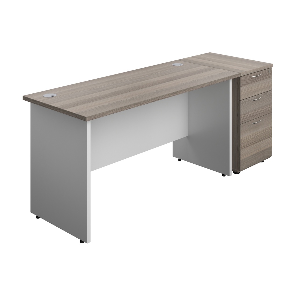 Panel Plus Rectangular Desk + Matching 3 Drawer Desk High Pedestal Bundle (FSC) | 600 Pedestal | 1400X600 | Grey Oak/White