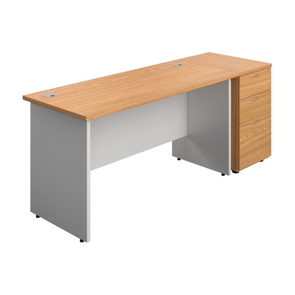 Panel Plus Rectangular Desk + Matching 3 Drawer Desk High Pedestal Bundle (FSC) | 600 Pedestal | 1400X600 | Nova Oak/White