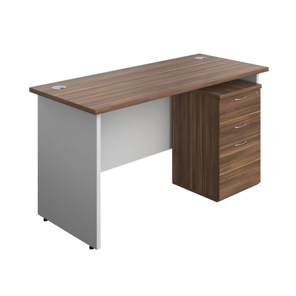 Panel Plus Rectangular Desk + 3 Drawer High Mobile Pedestal Bundle (FSC) | 1400X600 | Dark Walnut/White | 
