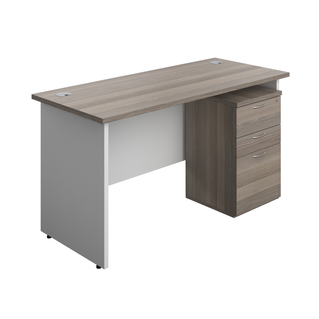 Panel Plus Rectangular Desk + 3 Drawer High Mobile Pedestal Bundle (FSC) | 1400X600 | Grey Oak/White | 