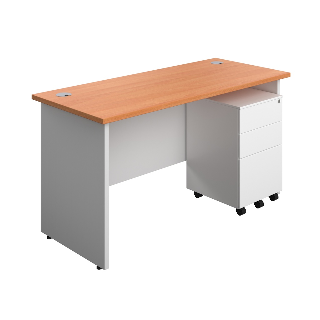 Panel Plus Rectangular Desk + 3 Drawer Steel Pedestal Bundle (FSC) | 1400X600 | Beech/White | 