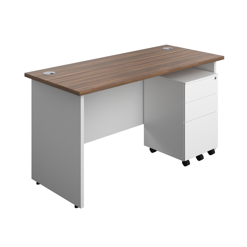 Panel Plus Rectangular Desk + 3 Drawer Steel Pedestal Bundle (FSC) | 1400X600 | Dark Walnut/White | 