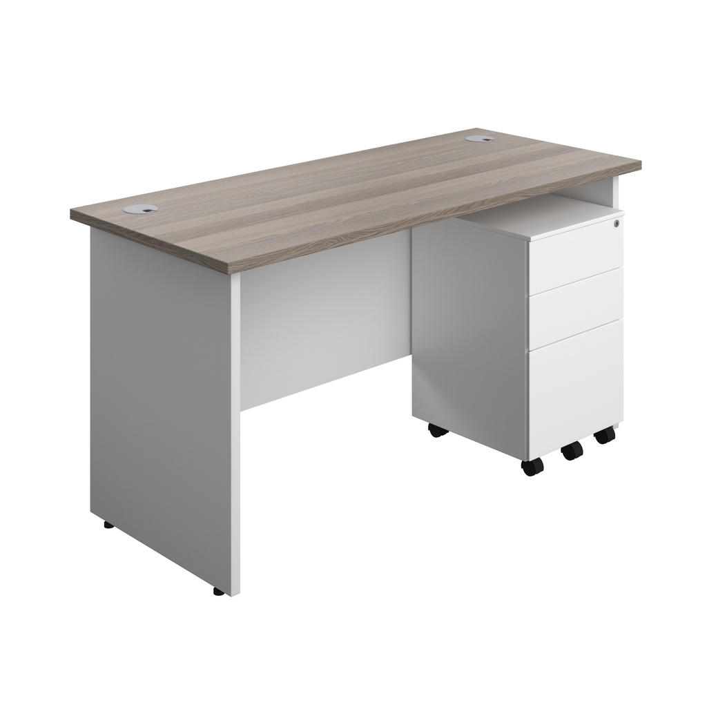 Panel Plus Rectangular Desk + 3 Drawer Steel Pedestal Bundle (FSC) | 1400X600 | Grey Oak/White | 