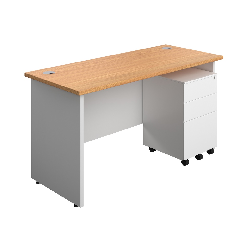 Panel Plus Rectangular Desk + 3 Drawer Steel Pedestal Bundle (FSC) | 1400X600 | Nova Oak/White | 