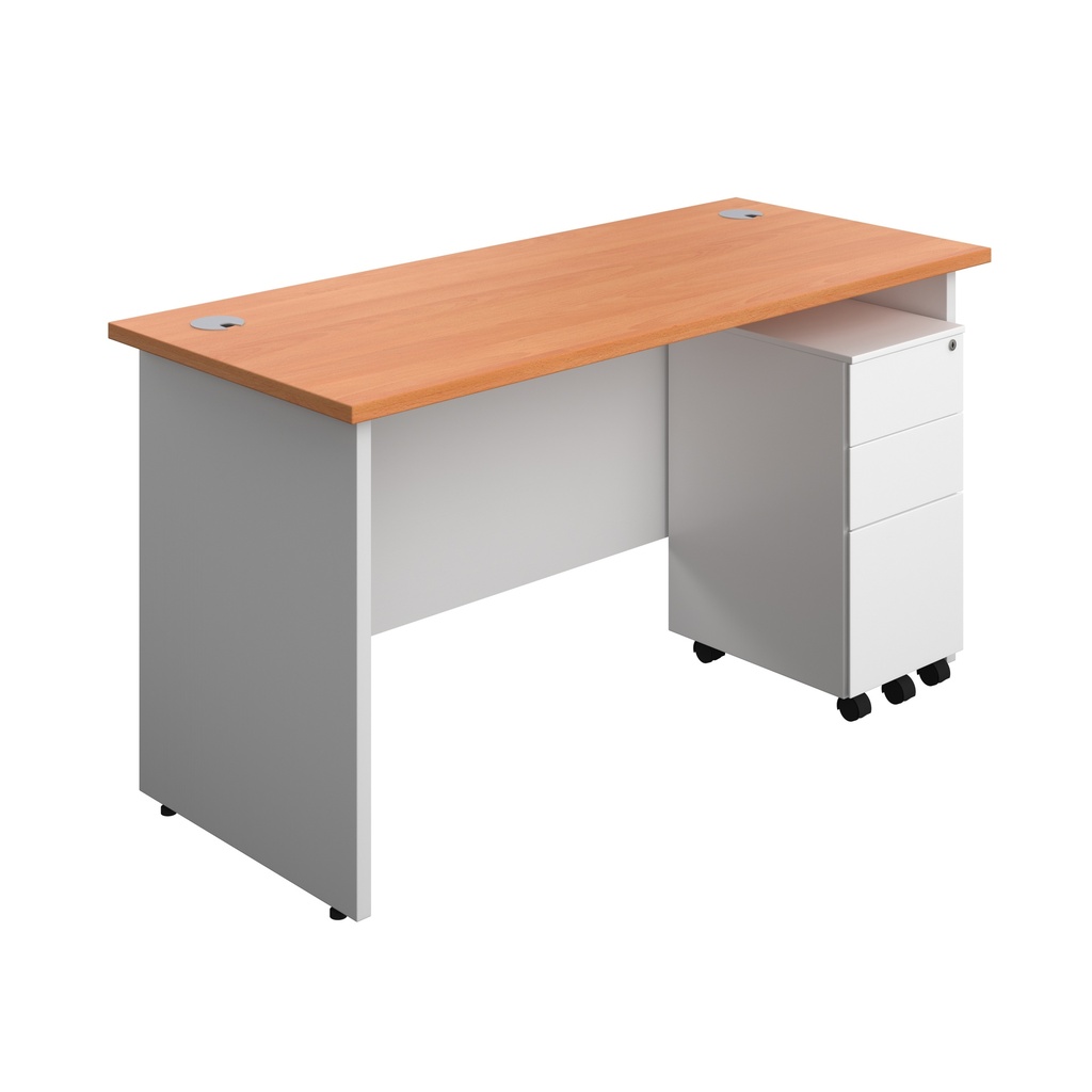Panel Plus Rectangular Desk + 3 Drawer Slimline Steel Pedestal Bundle (FSC) | 1400X600 | Beech/White | 