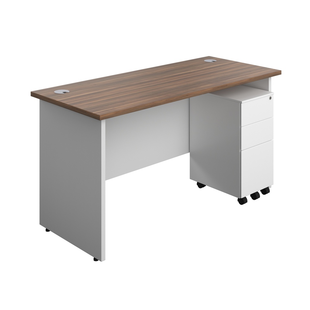 Panel Plus Rectangular Desk + 3 Drawer Slimline Steel Pedestal Bundle (FSC) | 1400X600 | Dark Walnut/White | 