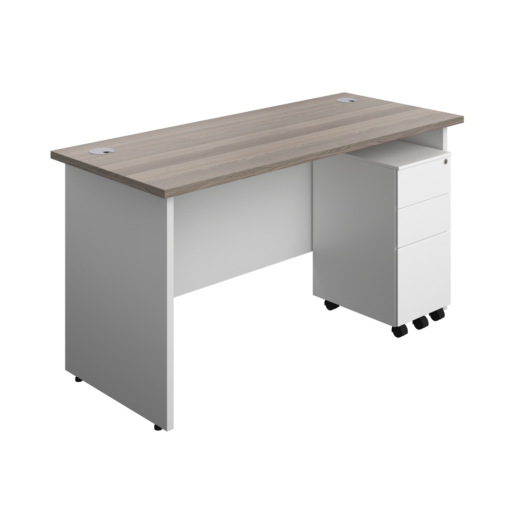 Panel Plus Rectangular Desk + 3 Drawer Slimline Steel Pedestal Bundle (FSC) | 1400X600 | Grey Oak/White | 