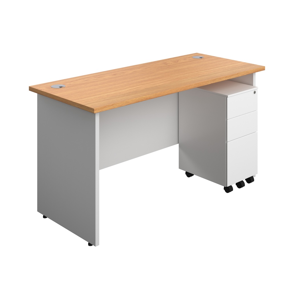 Panel Plus Rectangular Desk + 3 Drawer Slimline Steel Pedestal Bundle (FSC) | 1400X600 | Nova Oak/White | 