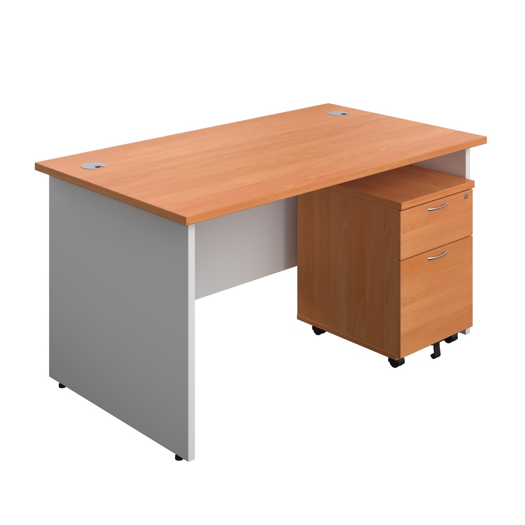 Panel Plus Rectangular Desk + 2 Drawer Mobile Pedestal Bundle (FSC) | 1400X800 | Beech/White | 