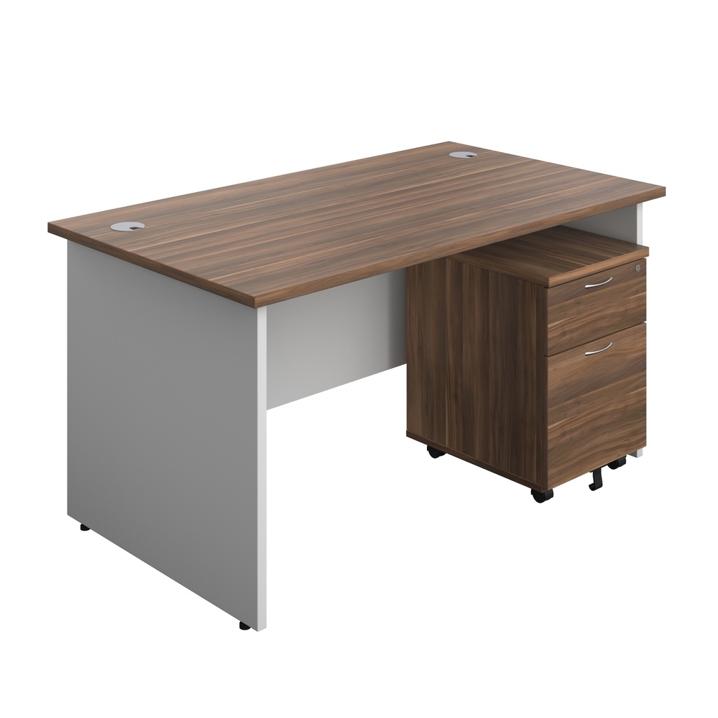 Panel Plus Rectangular Desk + 2 Drawer Mobile Pedestal Bundle (FSC) | 1400X800 | Dark Walnut/White | 