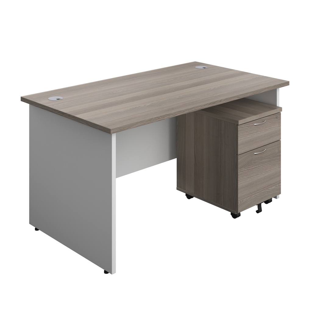 Panel Plus Rectangular Desk + 2 Drawer Mobile Pedestal Bundle (FSC) | 1400X800 | Grey Oak/White | 