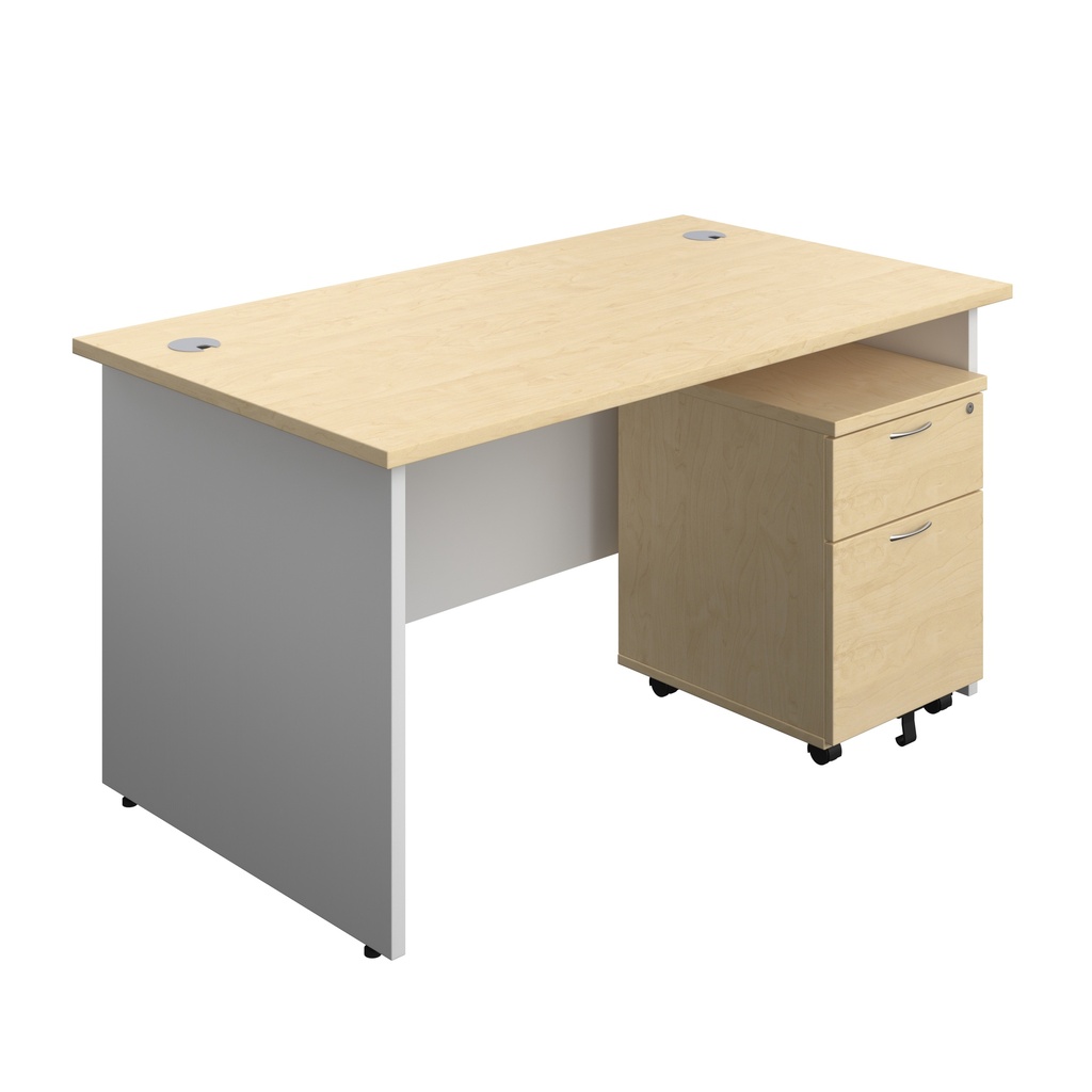 Panel Plus Rectangular Desk + 2 Drawer Mobile Pedestal Bundle (FSC) | 1400X800 | Maple/White | 
