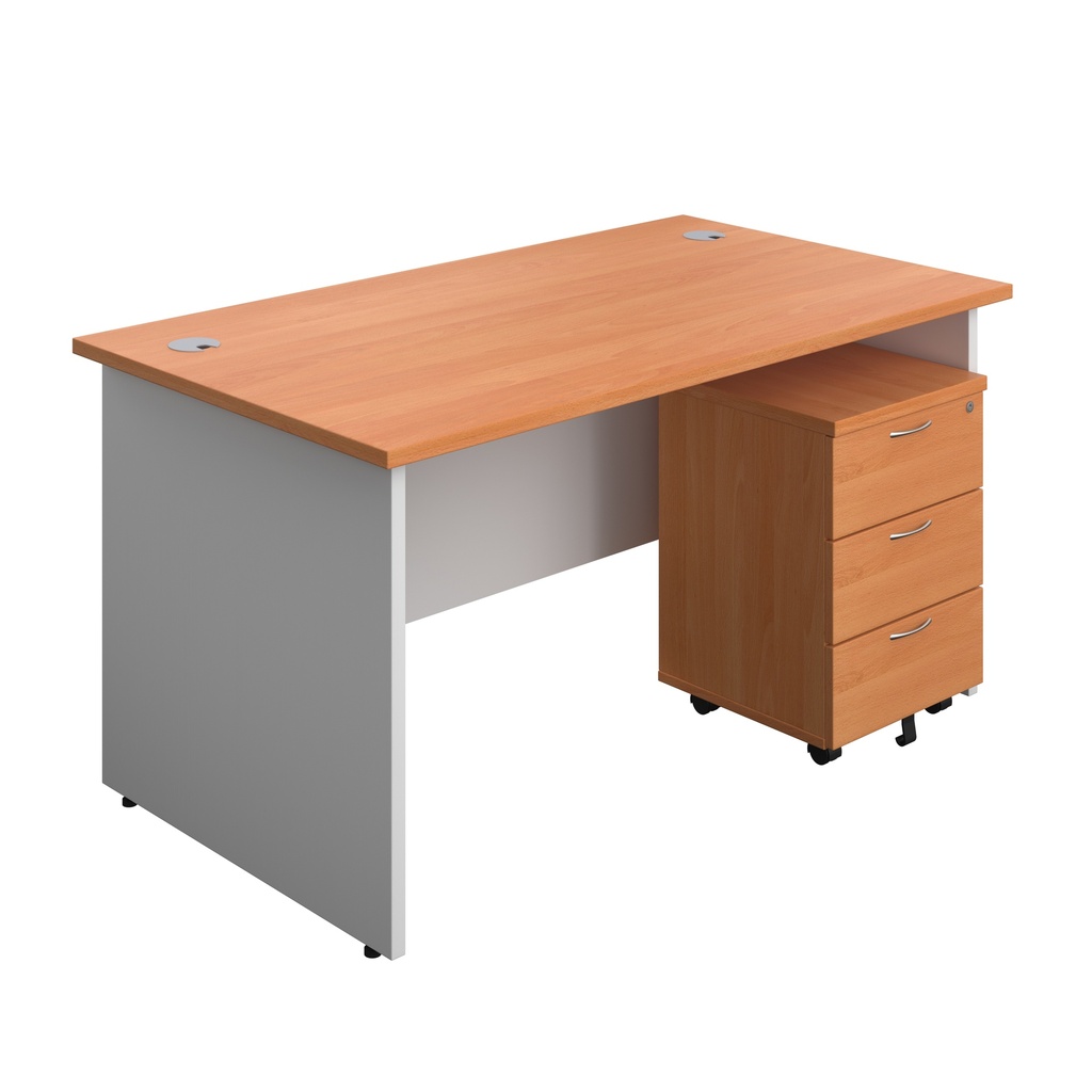 Panel Plus Rectangular Desk + 3 Drawer Mobile Pedestal Bundle (FSC) | 1400X800 | Beech/White | 