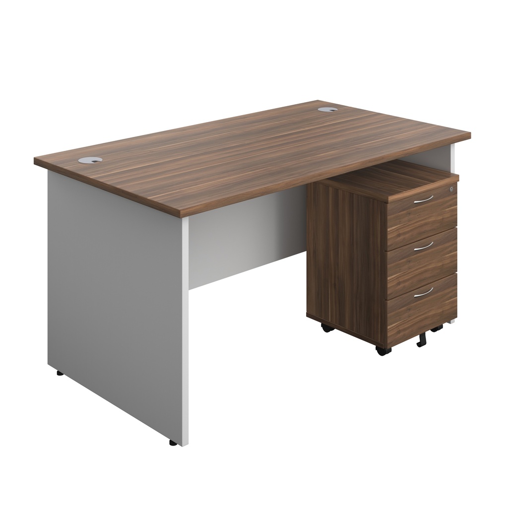 Panel Plus Rectangular Desk + 3 Drawer Mobile Pedestal Bundle (FSC) | 1400X800 | Dark Walnut/White | 