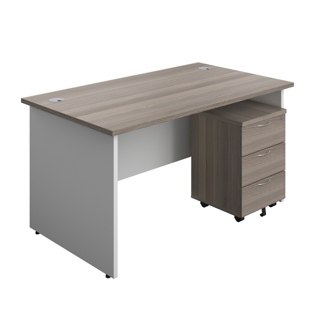 Panel Plus Rectangular Desk + 3 Drawer Mobile Pedestal Bundle (FSC) | 1400X800 | Grey Oak/White | 