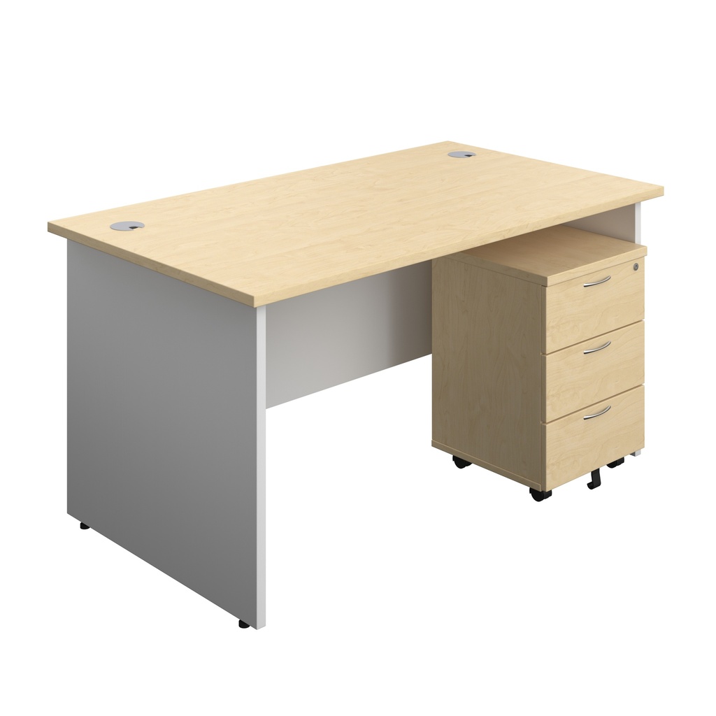 Panel Plus Rectangular Desk + 3 Drawer Mobile Pedestal Bundle (FSC) | 1400X800 | Maple/White | 