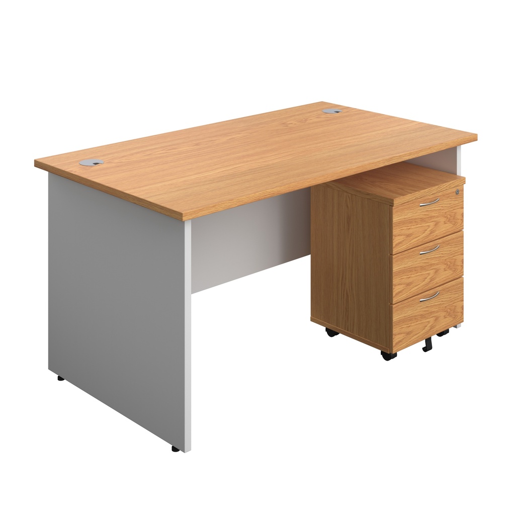 Panel Plus Rectangular Desk + 3 Drawer Mobile Pedestal Bundle (FSC) | 1400X800 | Nova Oak/White | 