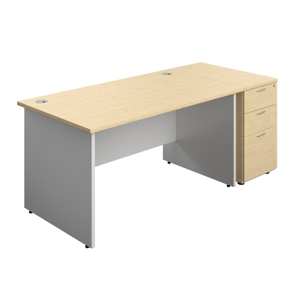 Panel Plus Rectangular Desk + Matching 3 Drawer Desk High Pedestal Bundle (FSC) | 800 Pedestal | 1400X800 | Maple/White