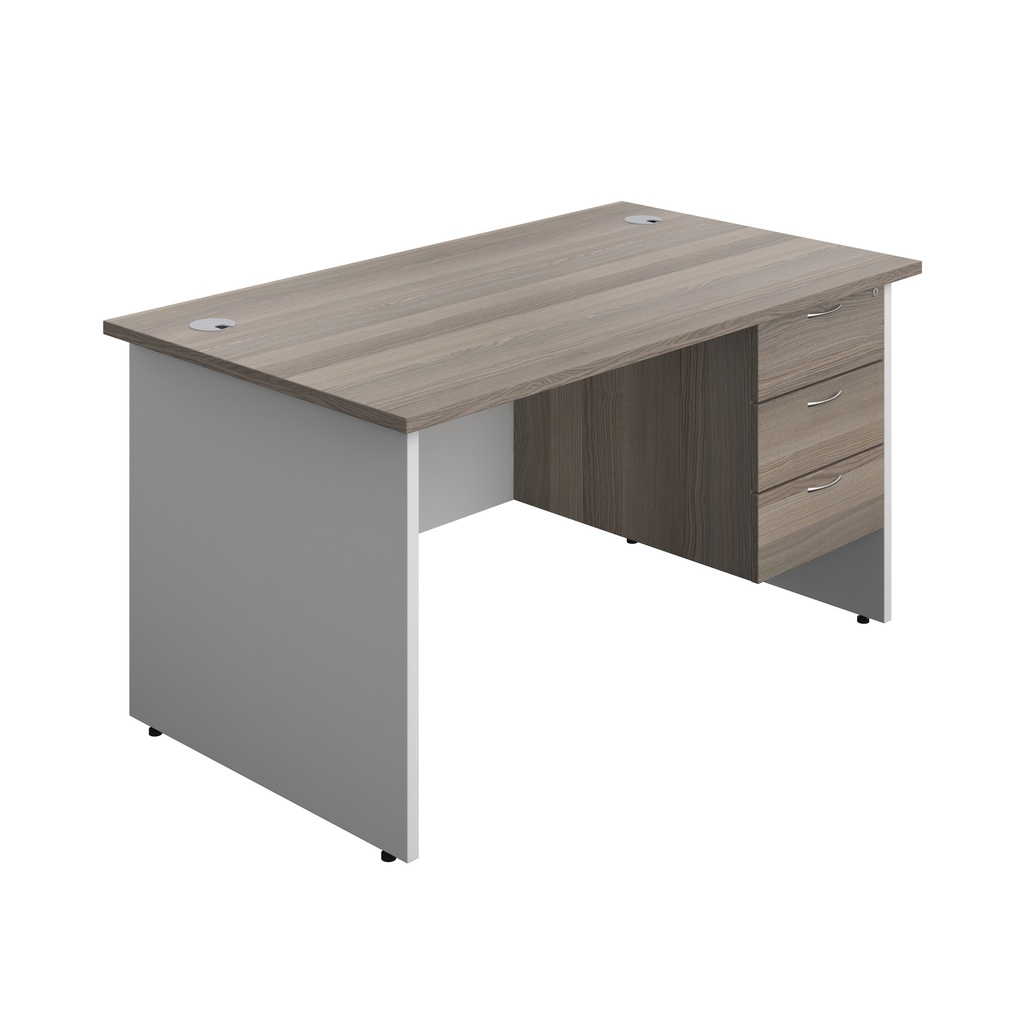 Panel Plus Rectangular Desk + 3 Drawer Fixed Pedestal Bundle (FSC) | 1400X800 | Grey Oak/White | 