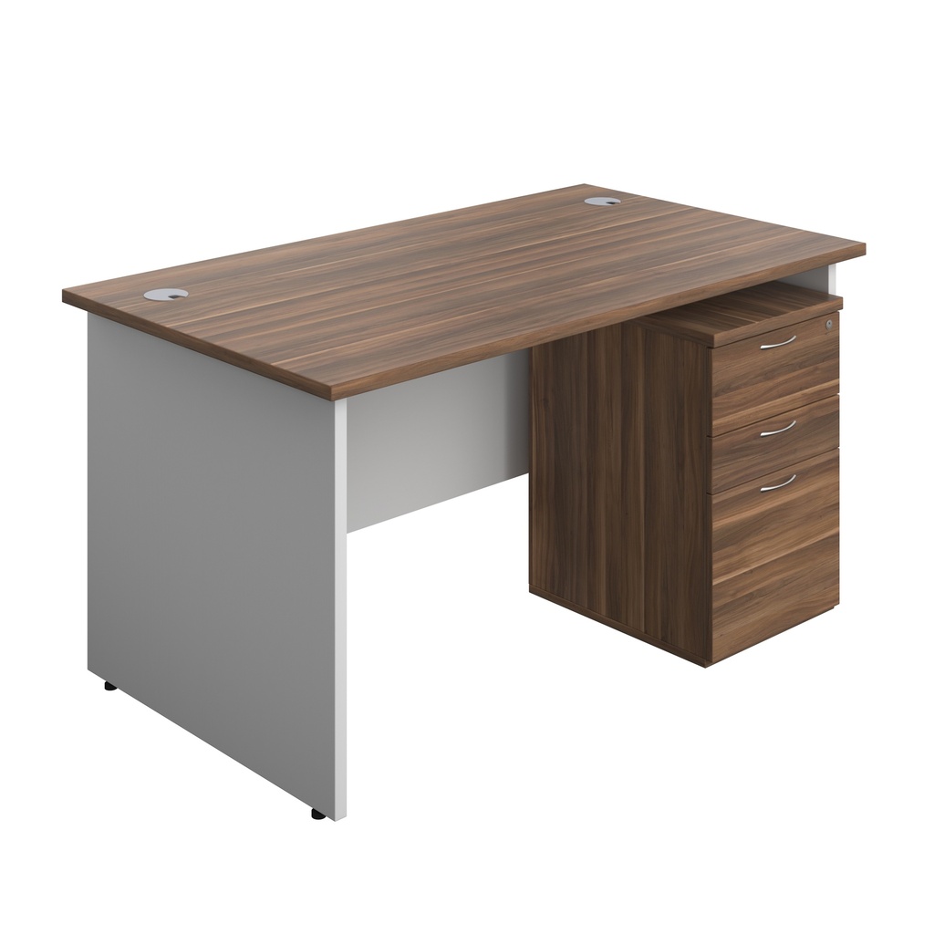 Panel Plus Rectangular Desk + 3 Drawer High Mobile Pedestal Bundle (FSC) | 1400X800 | Dark Walnut/White | 