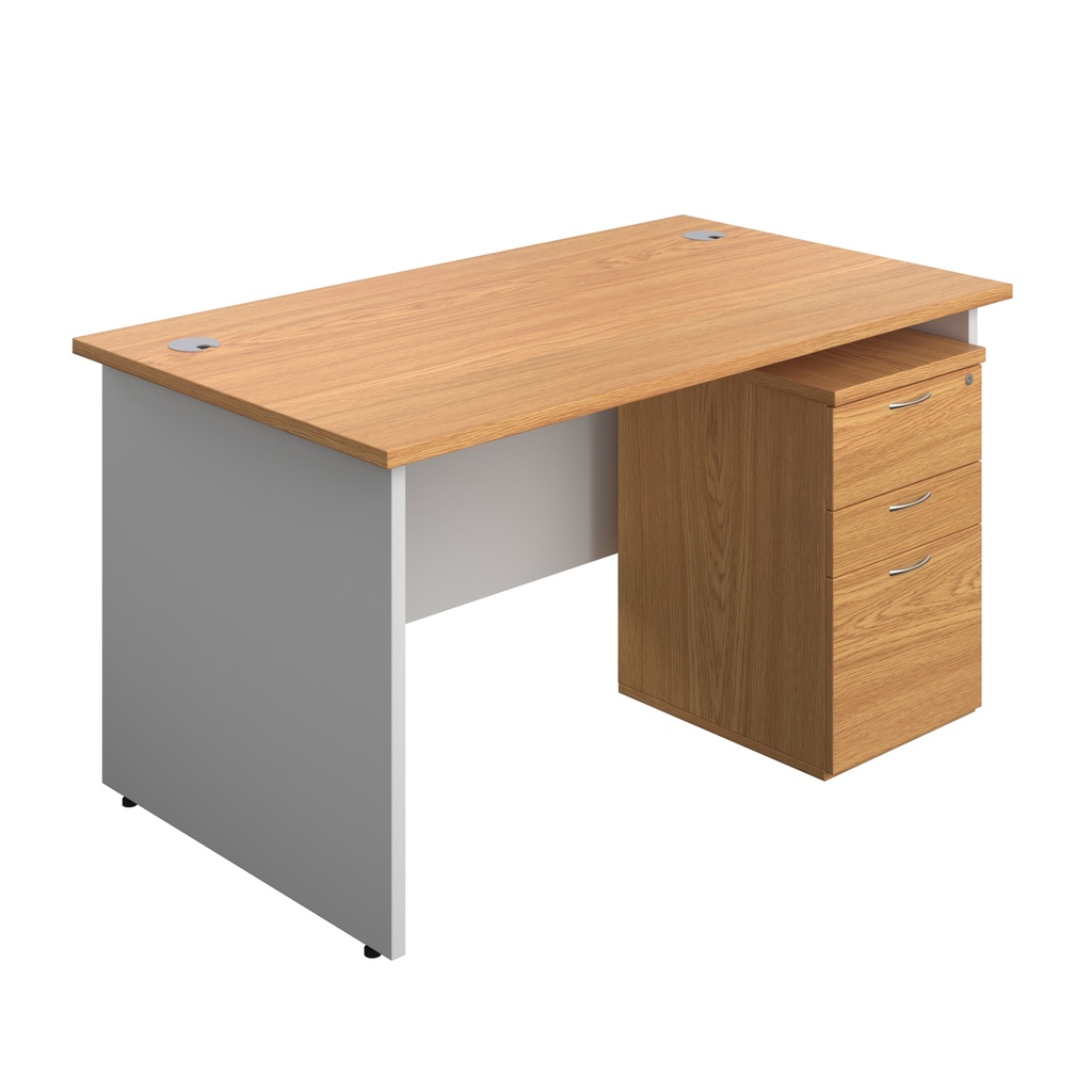 Panel Plus Rectangular Desk + 3 Drawer High Mobile Pedestal Bundle (FSC) | 1400X800 | Nova Oak/White | 