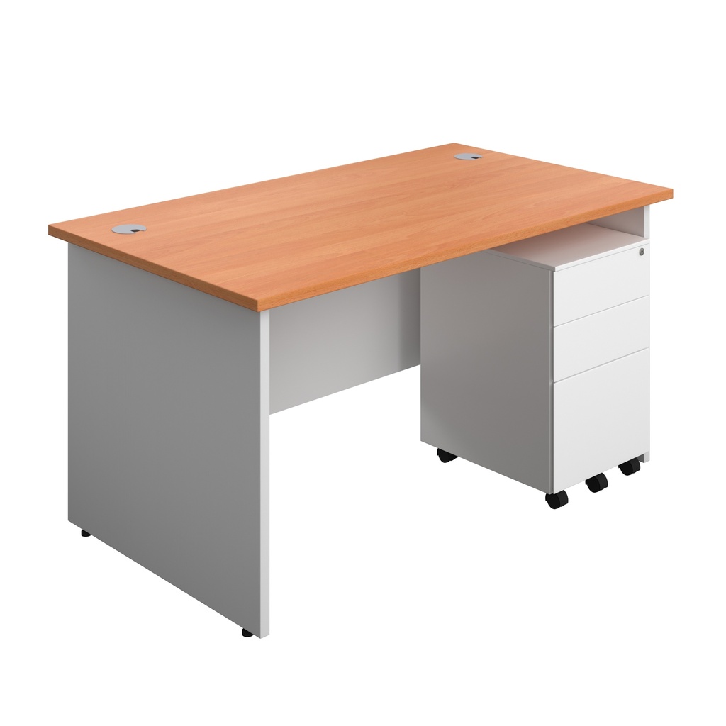 Panel Plus Rectangular Desk + 3 Drawer Steel Pedestal Bundle (FSC) | 1400X800 | Beech/White | 