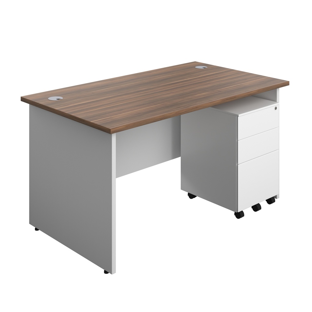 Panel Plus Rectangular Desk + 3 Drawer Steel Pedestal Bundle (FSC) | 1400X800 | Dark Walnut/White | 