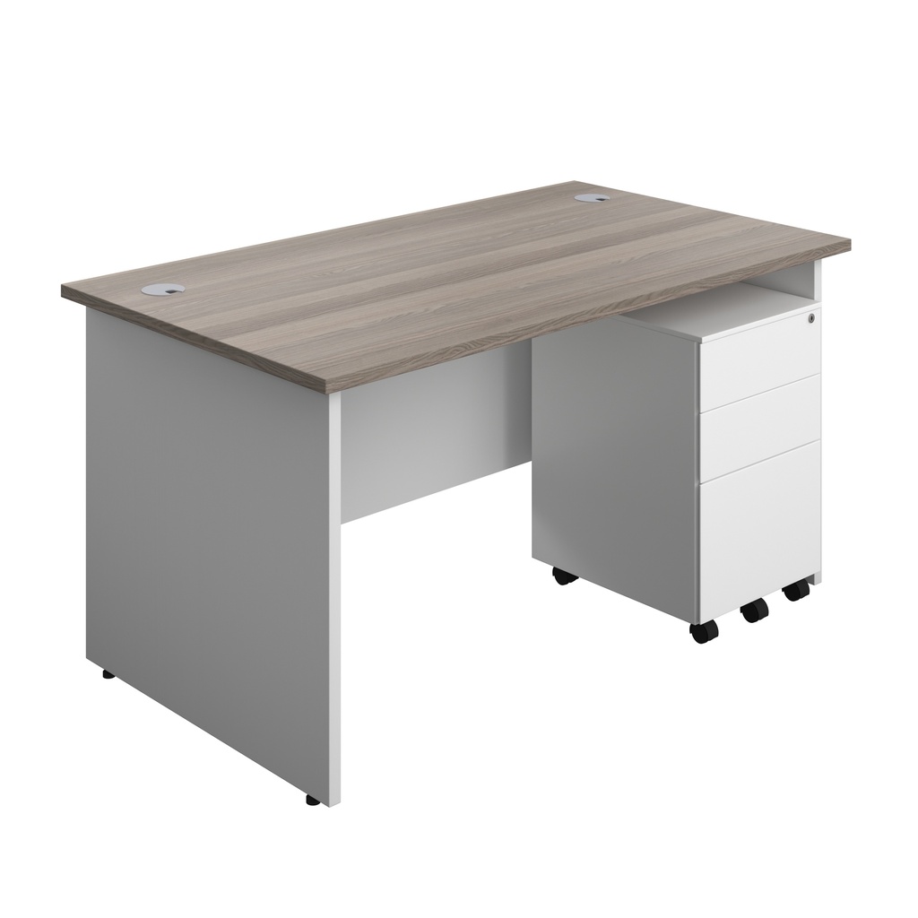 Panel Plus Rectangular Desk + 3 Drawer Steel Pedestal Bundle (FSC) | 1400X800 | Grey Oak/White | 