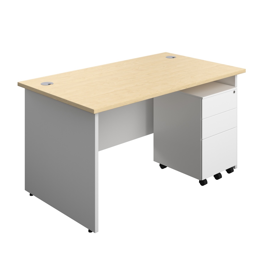Panel Plus Rectangular Desk + 3 Drawer Steel Pedestal Bundle (FSC) | 1400X800 | Maple/White | 