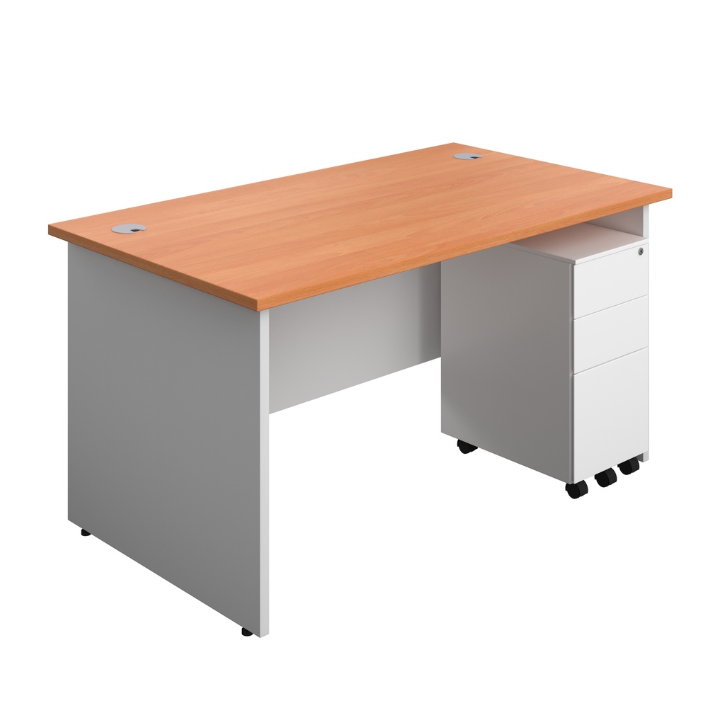 Panel Plus Rectangular Desk + 3 Drawer Slimline Steel Pedestal Bundle (FSC) | 1400X800 | Beech/White | 
