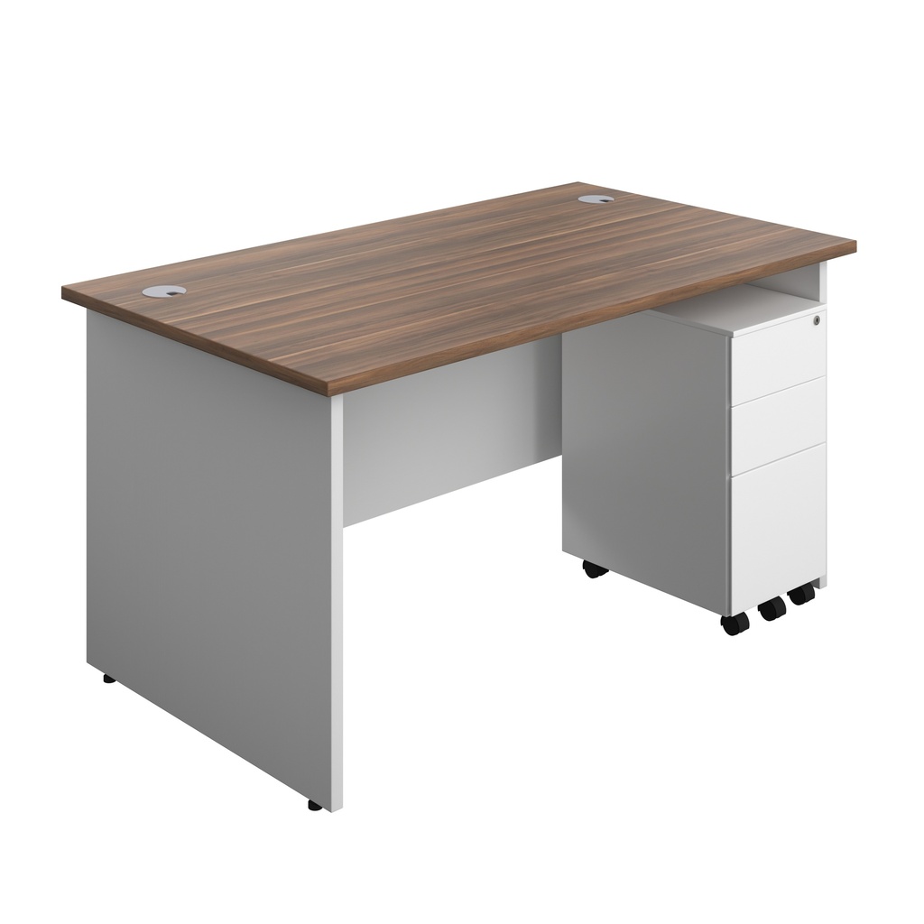 Panel Plus Rectangular Desk + 3 Drawer Slimline Steel Pedestal Bundle (FSC) | 1400X800 | Dark Walnut/White | 